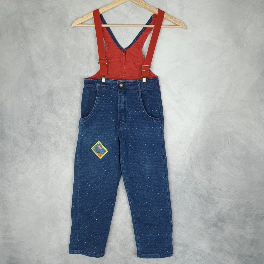 Vintage OshKosh B'Gosh Overalls Boys 6 Blue Red Space Patch Denim Pants 90s USA